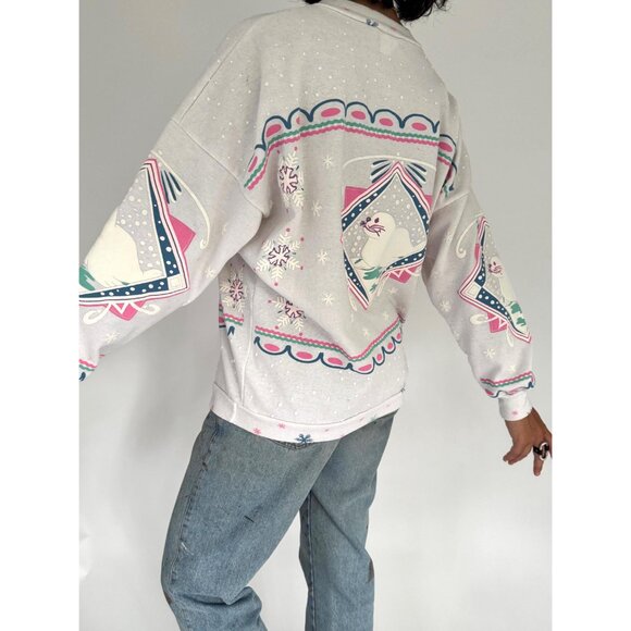90s vintage seal animal snowy winter holiday graphic cotton pullover sweatshirt - Picture 4 of 10